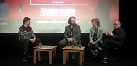Alex Fitch talks to Dan Martin, Odile Dicks-Mireaux and Mark Tildesley on stage at the British Library after a screening of High Rise