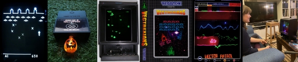 Onscreen graphics for Galaxy Wars / Space Launcher and Every Day is Halloween by Binary Star Software and Glowing Pumpcart Cassette + Box cover for Vextrexians and graphics with overlay for Vector Patrol