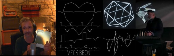 Fell holds a prototype Vecribbon overlay / anticlockwise screen shots from Vecribbon, Raiding Party, Holzer Vectrex generated hand and polyhederon / Derek Holzer at Zagreb Vector Hack Festival 2018