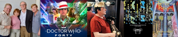 Jon Culshaw, Janet Fielding, Peter Davison and Mark Strickson between recordings at Big Finish studios / cover of Doctor Who: Forty / Still from Doctor Who Am I featuring Matthew Jacobs / Covers of The Black Archive #25 and Faction Paradox: The Boulevard published by Obverse Books