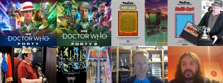 Covers of Doctor Who: Forty volumes 1 and 2, Vecman game, mock-up of Vectrex with Vyrzon installed, cover of Vectrex Multicart, photos of Sean Kelly, Matthew Jacobs, covers of The Black Archive 25, Faction Paradox: The Boulevard, photos of Peer Johannsen and Steve Hopkins